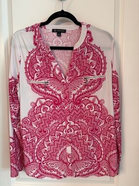 INC International Concepts White Blouse with Fuchsia Paisley Print